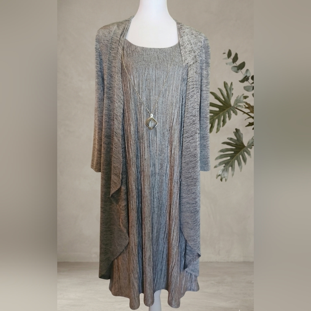 R&M Richards Gray Layered Knit Dress and Cardigan Set